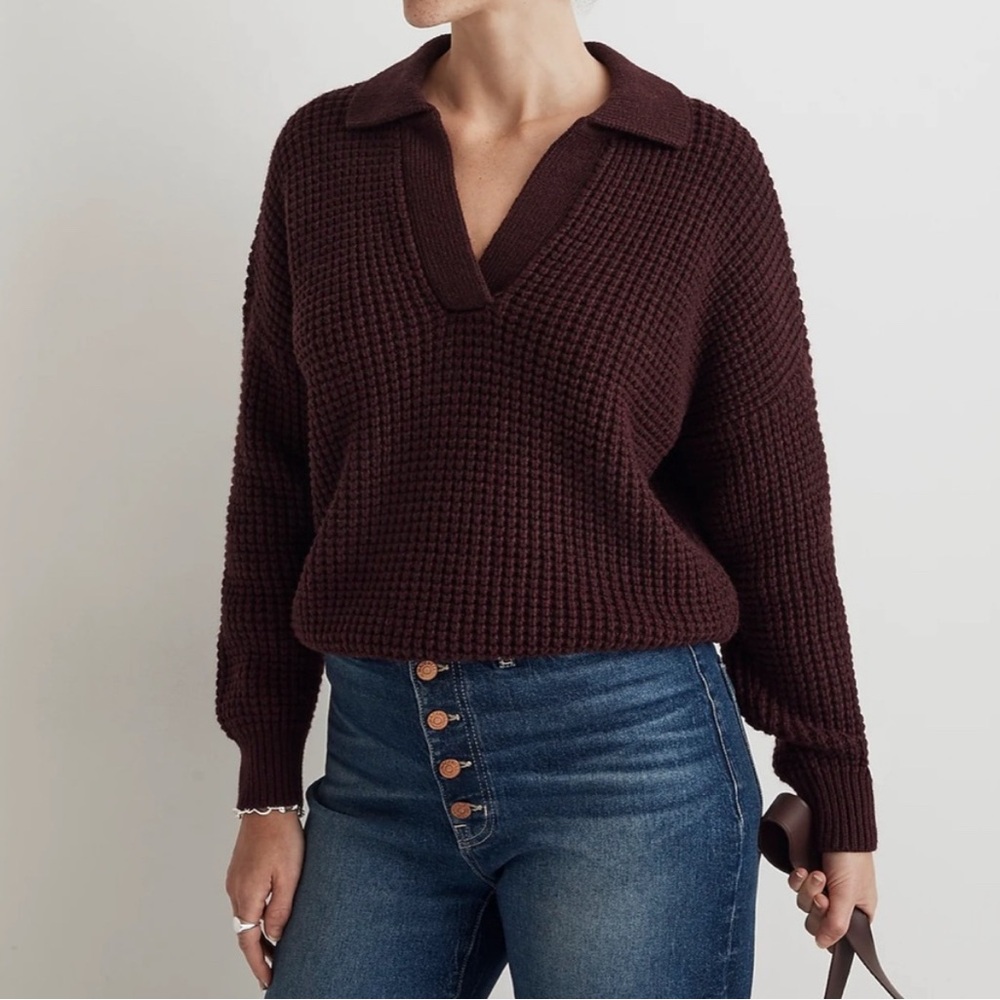 Madewell Maroon Waffle Knit V‑Neck Sweater